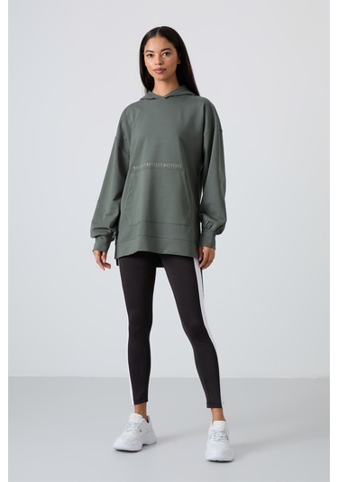 Tommy Life Çağla Balon Kol Yazı Nakışlı Kadın Oversize Tunik Sweatshirt - 97163 Çağla