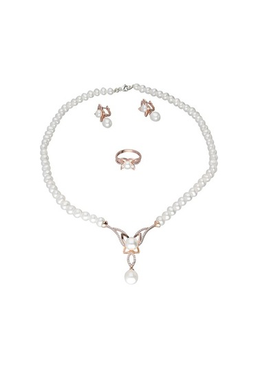 Chavin Inci Rose Gümüş Kolye Küpe Yüzük Takım Set Ds44