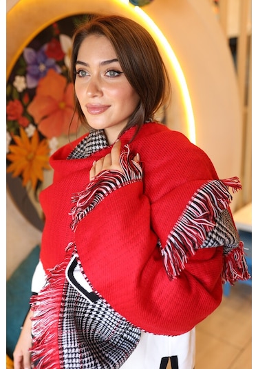 Çift Taraflı Kazayağı Desenli Atkı Omuz Şalı 70x185 CM 1212 Kırmızı