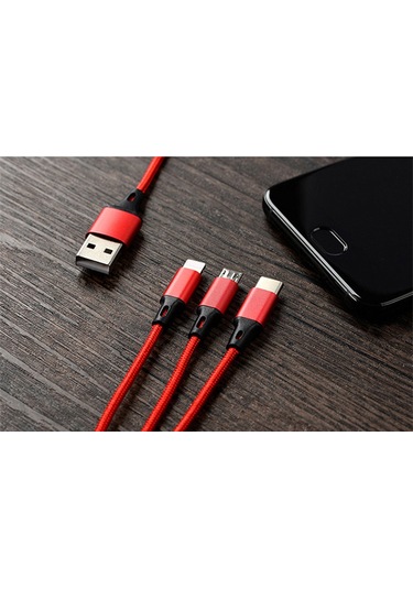Lemestar 3'ü 1 Arada Hızlı Şarj Kablosu - Type C, Lightning, Micro Usb Uyumlu - Dayanıklı Örgülü Tasarım