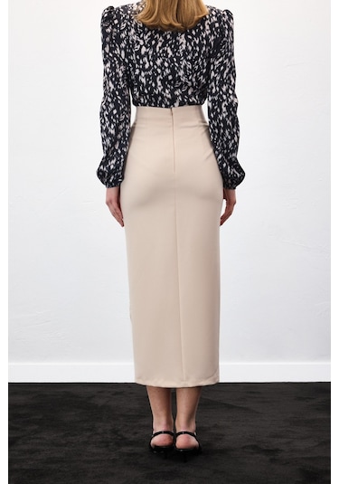 Sateen Gold Yan Aksesuarlı Etek - Bej-136885 Bej