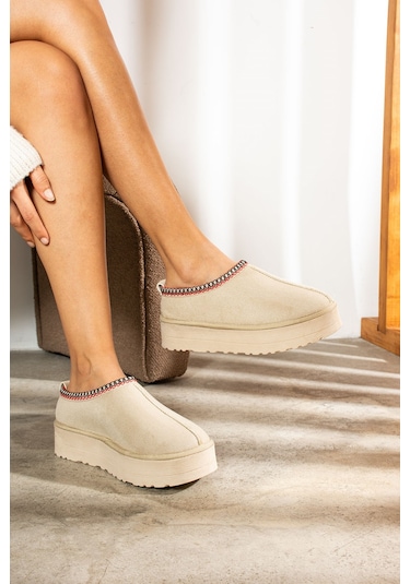 Nstil U50 Desenli Yüksek Kalın Taban İçi Kürklü Süet Kısa  Günlük Hafif  Kadın Bot Bootie - Bej