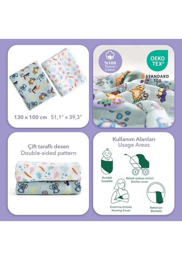 Milk&moo Müslin Örtü 2'li Set Jungle Friends Çok Renkli