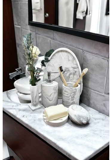 6'lı Mermer Desen Beton Banyo Seti,sabunluk,diş Fırçalığı,aksesuar,mumluk,tütsülük,tepsi,dekorasyon Gri