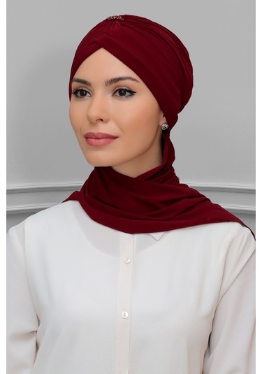 Bordo Pratik Hazır Geçmeli Tesettür Bone Sandy Kumaş Taçlı Büzgül (545491010) Bordo