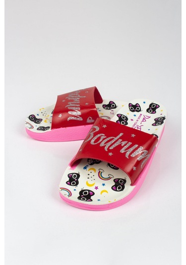 Kız Çocuk Minik Kedi Temalı Bodrum Yazılı Terlik-5792-kırmızı Kırmızı