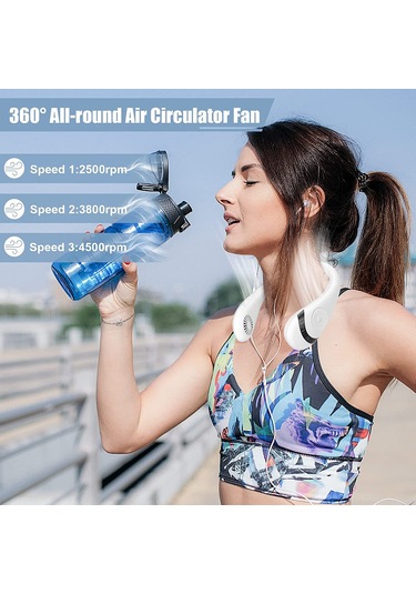 Padalink Taşınabilir Boyun Bağlı Fan, 360 Derece Tam Etki Rüzgar, 3 Hız Seçeneği, 10 Saat Çalışma Süresi, Şarj Edilebilir Plastik