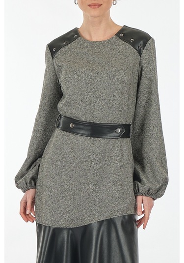 Unique Mode Yuvarlak Yaka Deri Detaylı Siyah Kadın Elbise Uw23350 001