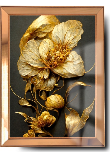 Ayna Çerçeveli Cama Baskılı 3d Çiçek Cam Gold Siyah Detaylı Tablo