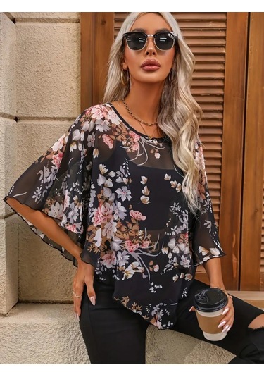 Modasize Kadın Kısa Kollu Yuvarlak Yaka Çiçek Baskılı Asimetrik Kesim Şifon Bluz Siyah