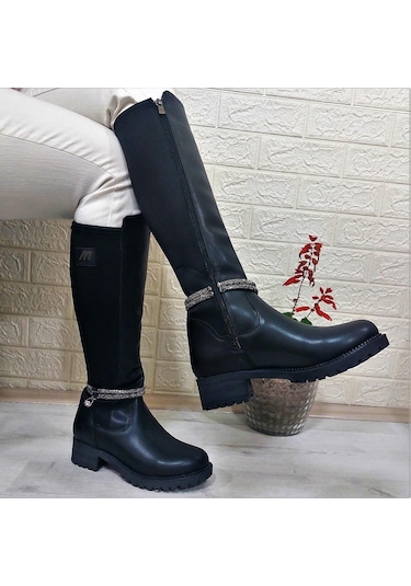 M.p 2753 Siyah Taşlı Ligralı Fermuarlı 45cm Bayan Çizme 001