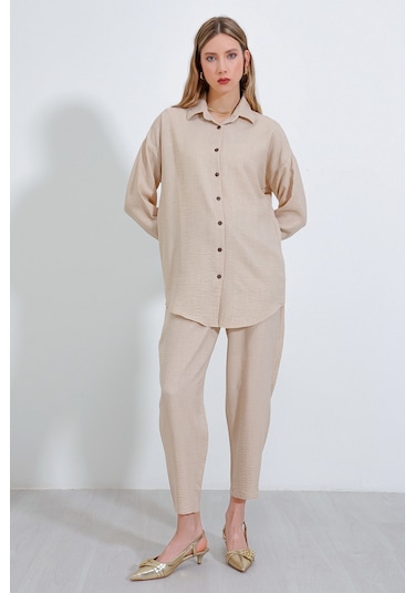 Kadın Bej Oversize Keten Alt Üst Takım 6622 6622bgd19-016-14414 001