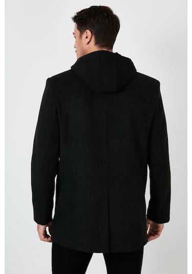 Buratti Çıkarılabilir Kapüşonlu Kırçıllı Slim Fit Kaşe Erkek Kaban 5841013 Füme