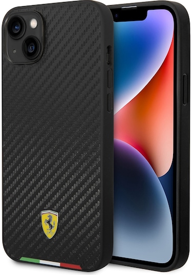 İphone Uyumlu 14 Plus Kılıf Ferrari Lisanslı Magsafe Uyumlu Karbon İtalyan Bayrak Dizayn Kapak Siyah
