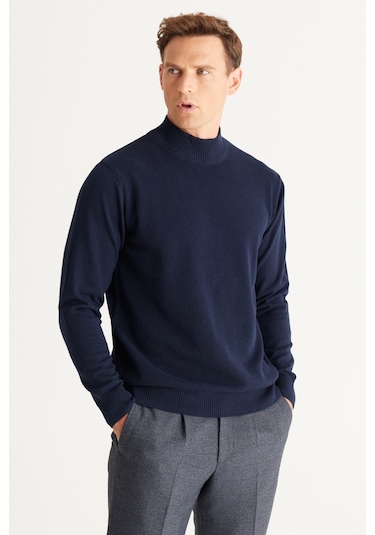 Altinyildiz Classics Erkek Lacivert Standart Fit Normal Kesim Yarım Balıkçı Yaka Pamuklu Triko 4A4921100008LACS Lacivert