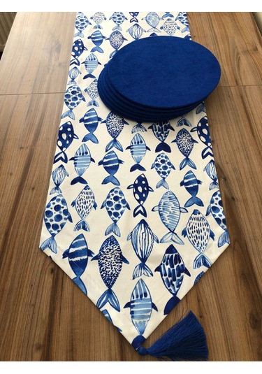 Beyaz Zemin Üzerine Mavi Balık Desenli Runner & Supla Çok Renkli