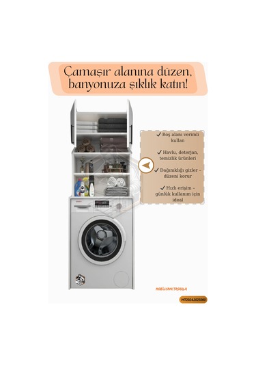 Tamamı Mdf Açık Raflı ve Kapaklı Çamaşır Makinesi Dolabı Beyaz