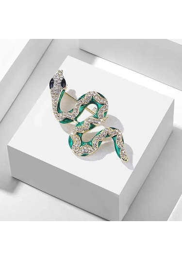 Mufunye Зеленый Змеиный Дизайн Брошь С Искусственным Горным Хрусталем - Повседневный Ювелирный Украшение Çok Renkli
