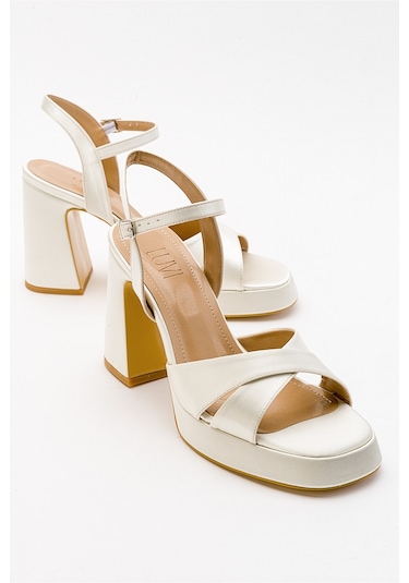 Luvishoes Lello Ekru Bej Saten Kadın Topuklu Ayakkabı Bej - Ekru