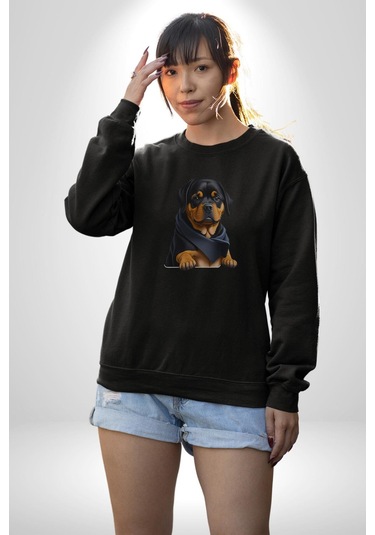 Puppy Köpek Rottweiler Unisex Siyah Baskılı Sweatshirt Siyah