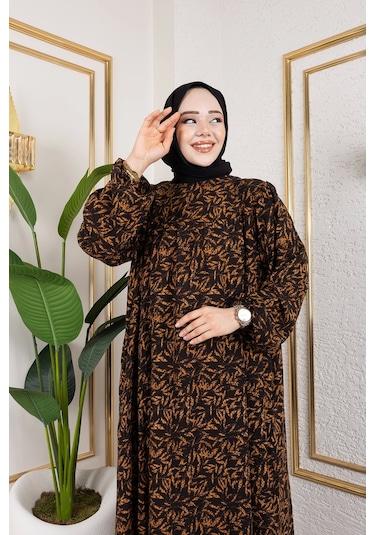 Nevayla Moda Robalı Desenli Viskon Elbise - Kiremit / E0126 Kiremit