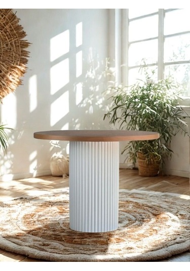 Arya Yuvarlak Ahşap Bohem Masa 90x90 Beyaz - Naturel