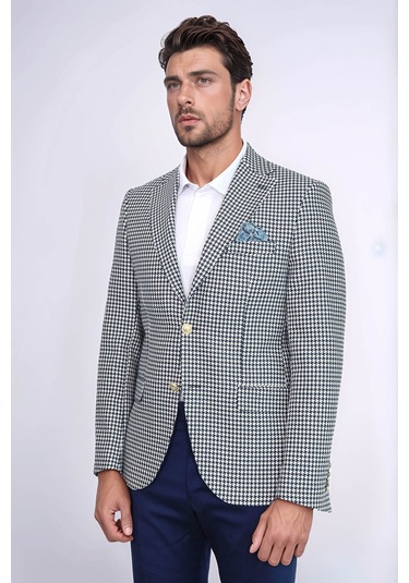 Lacivert Kazayağı Desenli Gold Renk Metal Düğmeli Slim Fit Erkek Blazer Ceket - Wessi Navy Blue