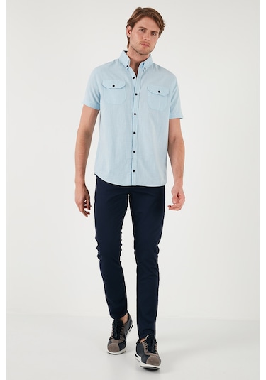 Buratti Düğmeli Yaka Pamuklu Slim Fit Cepli Erkek Gömlek Cf21S111153 Açık Mavi