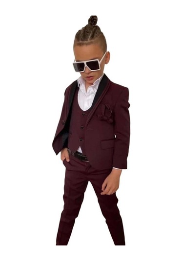 Riccotarz Erkek Çocuk Yakası Şerit Detaylı Cepken Yelekli Blazer Ceketli Bordo Takım Elbise Bordo