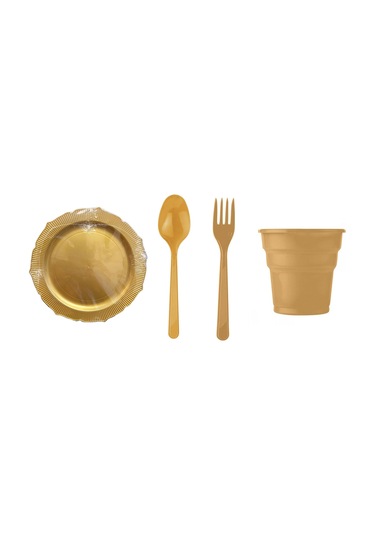 Omeyva Dayanıklı Mika Plastik Altın Sorfa Piknik Seti - 24 Kişilik Tabak Bardak Çatal Kaşık Takımı