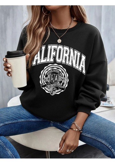 Altamira Unisex Siyah California Baskılı Bisiklet Yaka Oversize Sweatshirt 001
