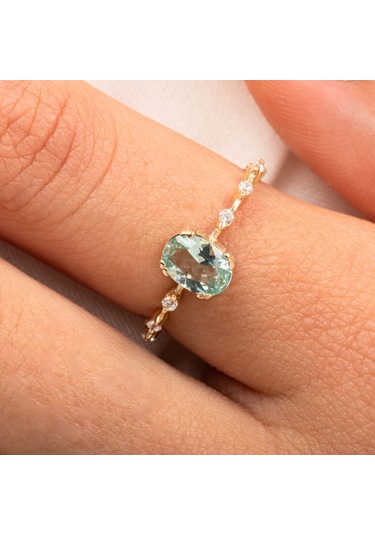 Gümüş Yüzük - Green Topaz Taşlı Kadın Modern Tasarım 925 Ayar Gümüş Evlilik Teklifi Yüzüğü Sarı