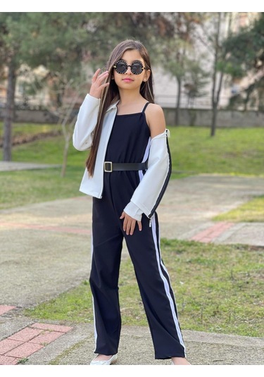 Modavals Kemer Hediyeli Beli Lastikli Şerit Detaylı Garson Boy Kız Çocuk Siyah Tulum & Ceket Kombin Çok Renkli Modavals Kemer Hediyeli Beli Lastikli Şerit Detaylı Garson Boy Kız Çocuk Siyah Tulum & Ceket Kombin Çok Renkli