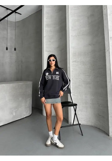 Yarım Fermuarlı Newyork Yazılı Sweat Antrasit