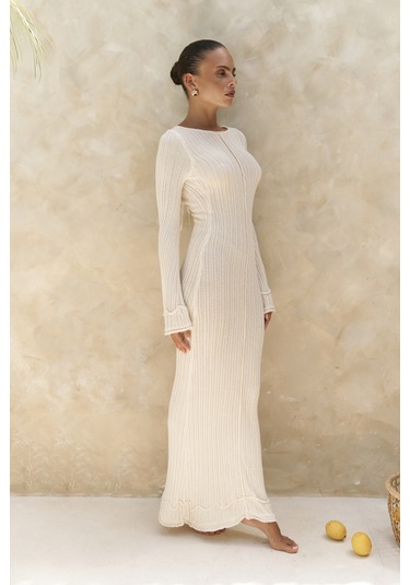 Matias Sırt Dekolteli Ekru Triko Uzun Elbise Ekru
