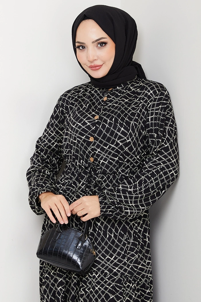 Çizgi Desen Yarım Düğmeli Elbise 1630 - Siyah Siyah
