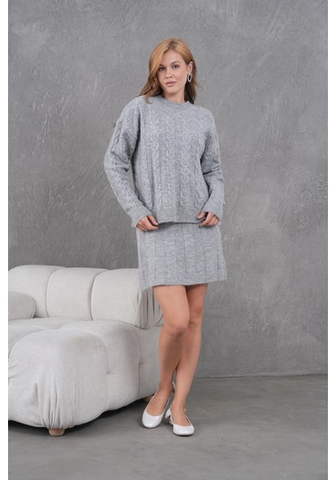 Kadın Bisiklet Yaka Saç Örgü Kazak Etek İkili Triko Takım Gri