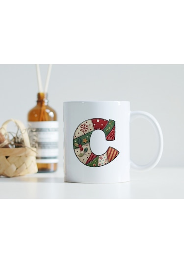 C Harfi Yılbaşı Temalı Kupa Bardak - Yeni Yıl Konsept Yamalı Efekt Tasarım - Noel Hediye Beyaz