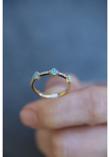 Yenigün Kuyumculuk 14 Ayar Altın Firuze Taş Detaylı Taşlı İnce Yüzük Yzk26490