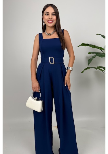 Noir Flow Kadın Lacivert Kemerli Askılı Bol Paça Tulum Zarif Şıklık Lacivert