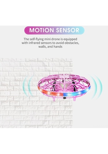 Ulzyvf Renkli Led Işıklı Mini Ufo Drone - Hareket Sensörlü, 360 Dönebilen, Çocuk & Yetişkin Hediye Pembe Pembe