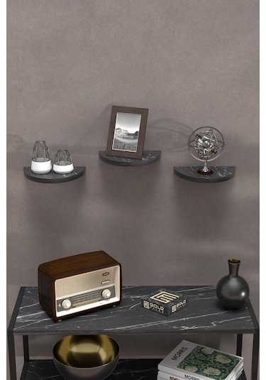 Duvar Rafı Dekoratif 3 Adet Çiçeklik Oval Siyah Mermer Desen