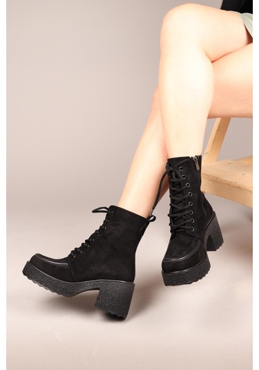 Tullıa Bağcıklı Süet Topuklu Kadın Bot Siyah-7540 Siyah