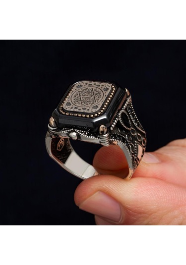 Süleyman Mührü Kare Desenli 925 Gümüş Erkek Yüzük