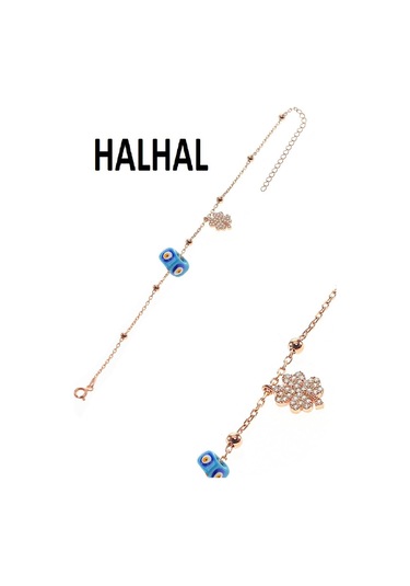 Gümüş Yonca ve Mineli Turkuaz Taşlı Toplu Zincir Halhal N11.916 Turkuaz