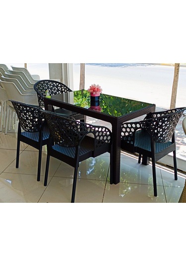 4 Kişilik Bahçe Balkon Masa Takımı 70x120 Cm Camlı Masa Set
