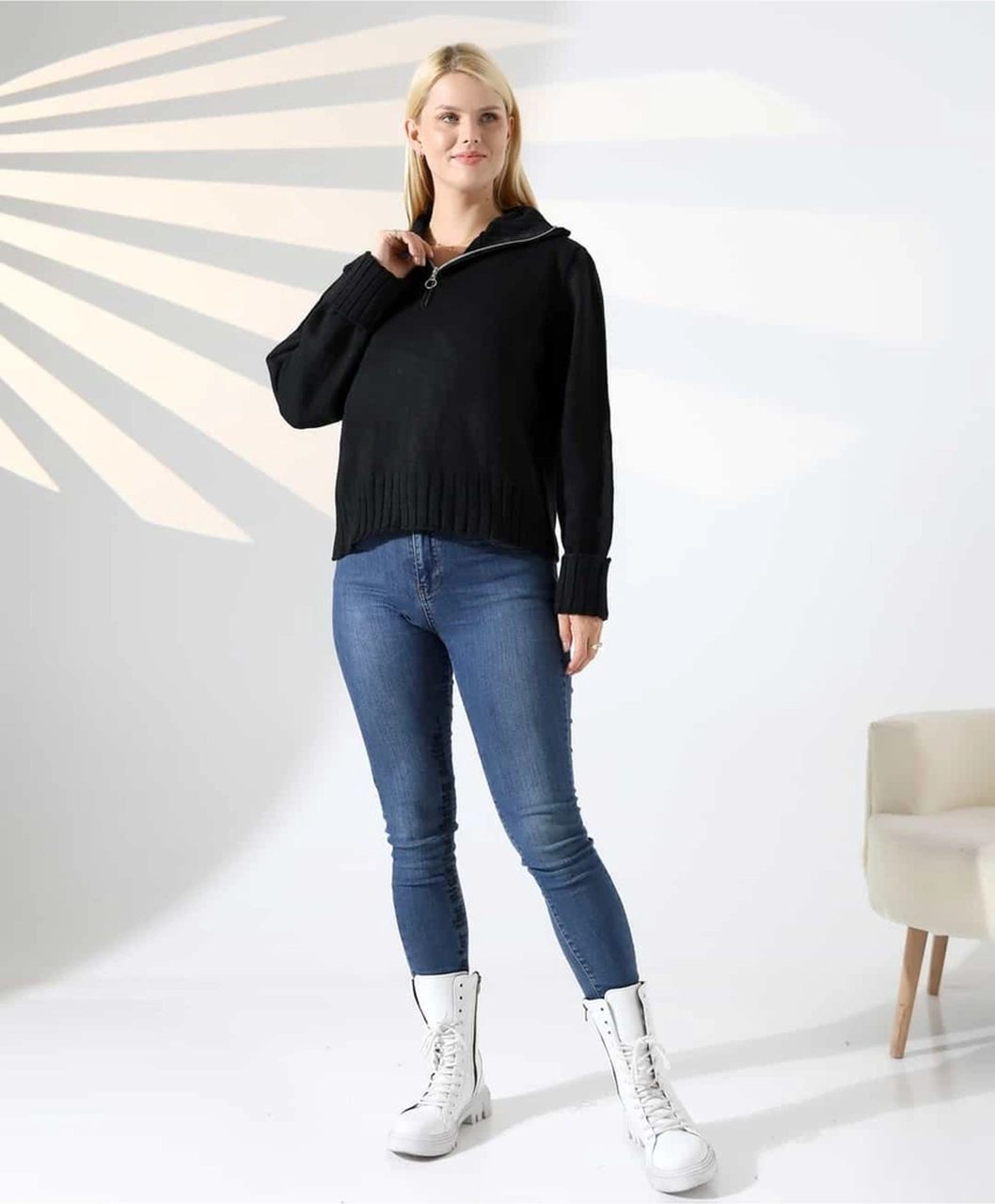 Yüksek Yaka Fermuarlı Triko Kazak Siyah