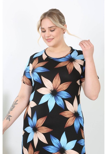 Kadın Mavi Kahve Çiçek Desen Midi Elbise Mavi Kahve Mavi - Kahverengi