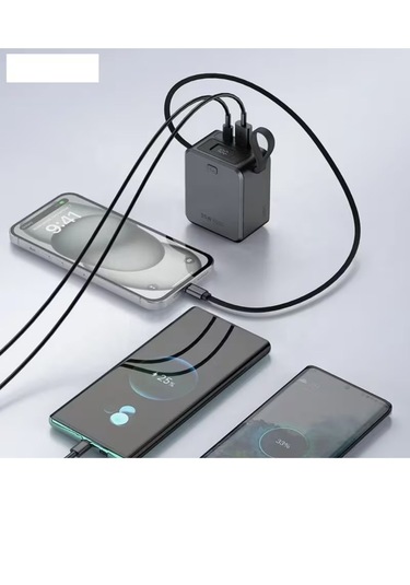 Mini Pd 35watt 10.000mah Lcd Göstergeli Usb-c , Usb Giriş Dahili Usb-c Kablolu Powerbank siyah