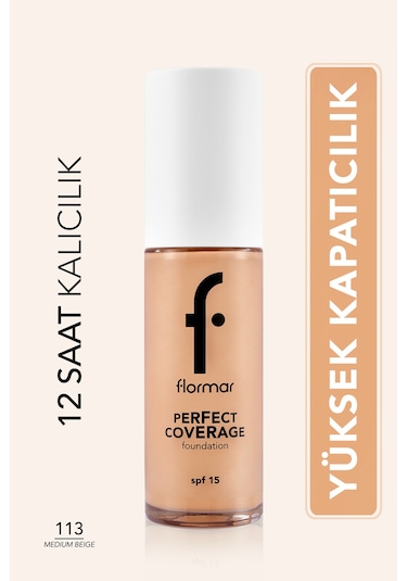 Flormar Perfect Coverage Yoğun Kapatıcı Su Bazlı Fondöten (Sıcak Alt Ton) -113 Medium Beige -8682536058308